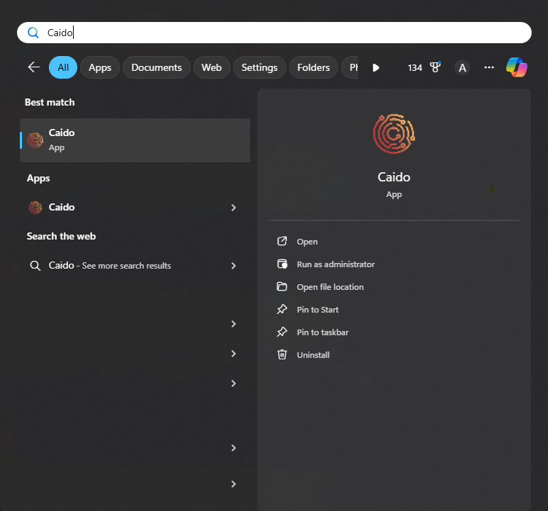 Launching Caido on Windows.